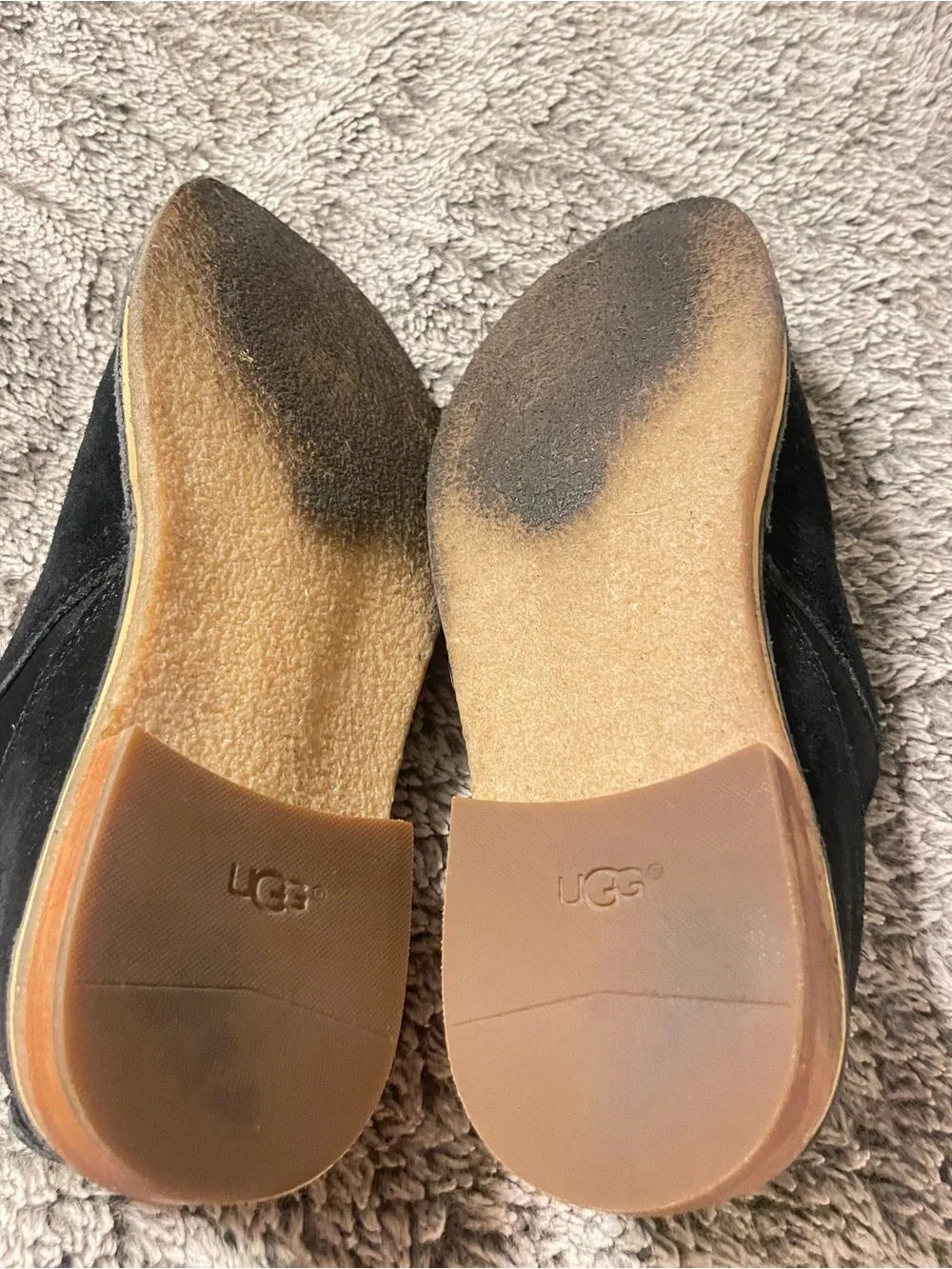 UGG Black Suede Slip-On Loafers with Tan Contrast Sole